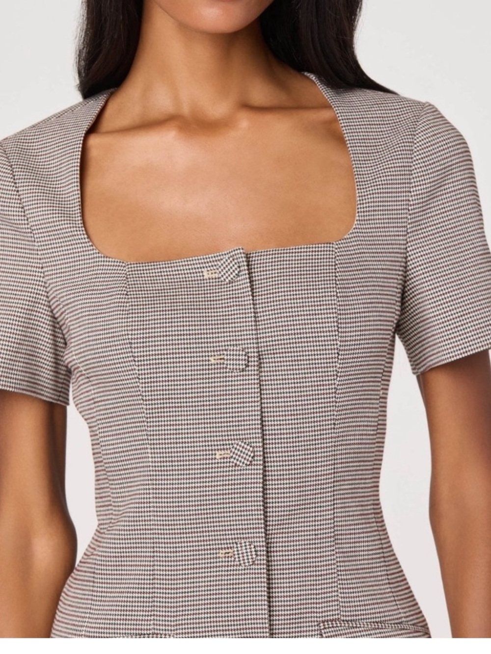 Astr Square Neck Short Sleeve Top - Taupe Houndstooth